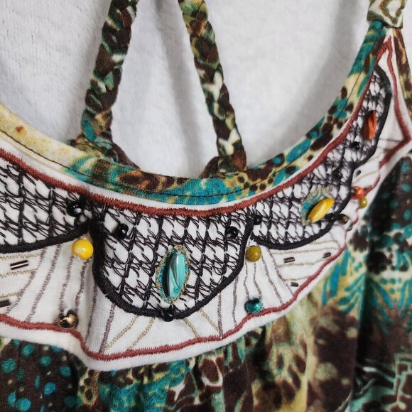 VTG Y2K Beaded Halter Embroidered SZ L Boho Festival Fairy Wst Tie Whimsy Gypsy - Picture 4 of 8